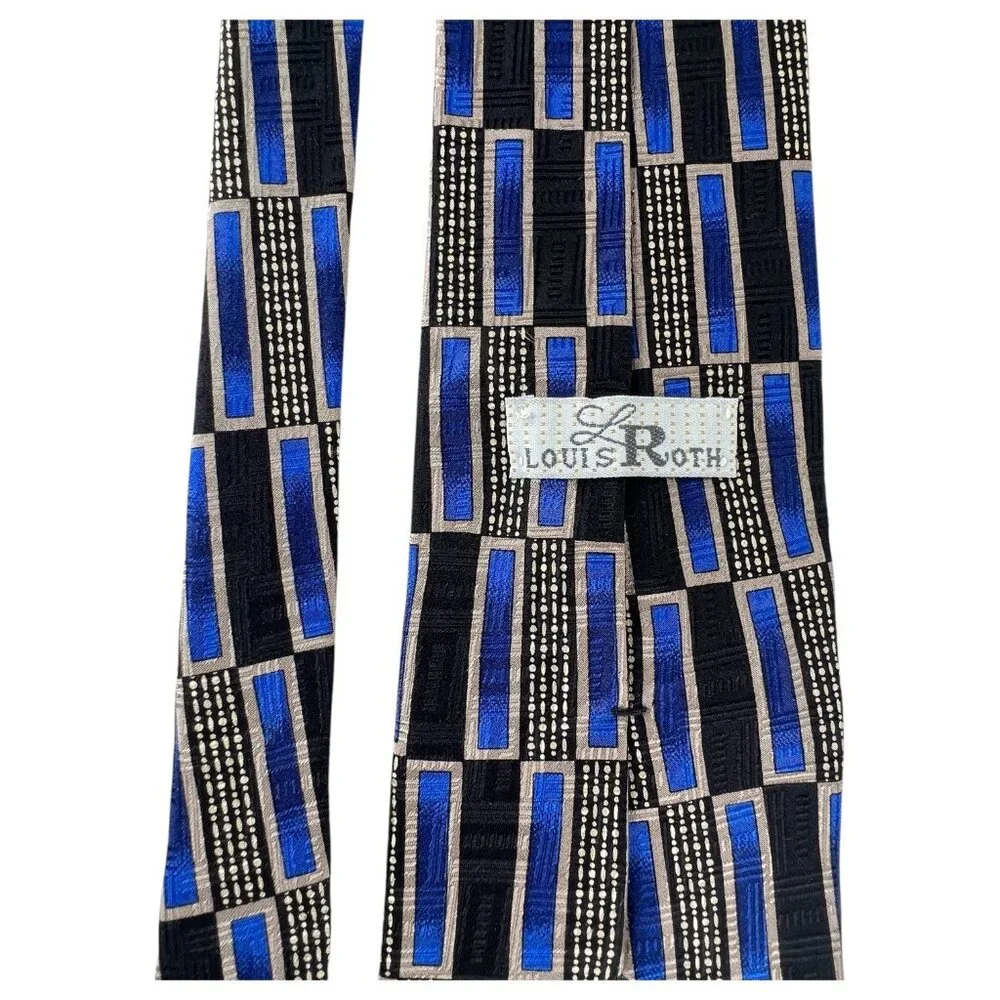 Louis Roth Mens Silk Tie Blue & Black Geometric Art Deco Pattern Hans Sewn Italy